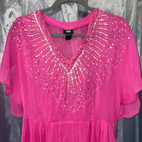 H&M Bright Pink Sequin Beaded Swim Coverup / Sheer Dress V Neck Frilly Sz 8 - Picture 3 of 7
